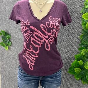American Eagle Outfitters Graphic V Neck T Shirt Purple Pink Y2K